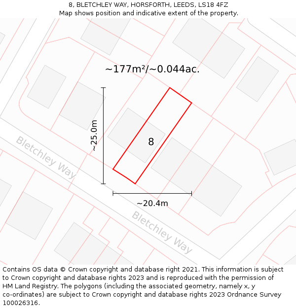 8, BLETCHLEY WAY, HORSFORTH, LEEDS, LS18 4FZ: Plot and title map