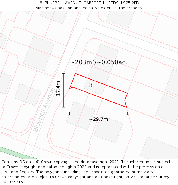 8, BLUEBELL AVENUE, GARFORTH, LEEDS, LS25 2FD: Plot and title map