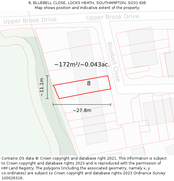 8, BLUEBELL CLOSE, LOCKS HEATH, SOUTHAMPTON, SO31 6XE: Plot and title map