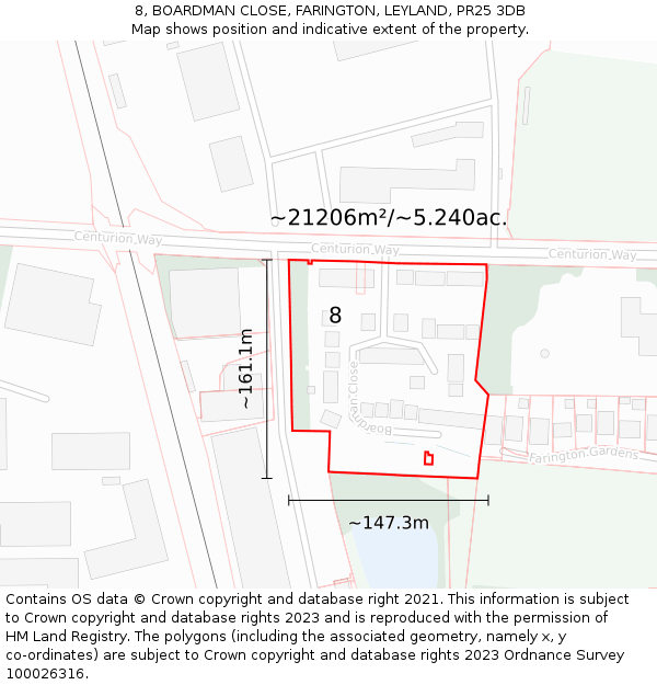 8, BOARDMAN CLOSE, FARINGTON, LEYLAND, PR25 3DB: Plot and title map
