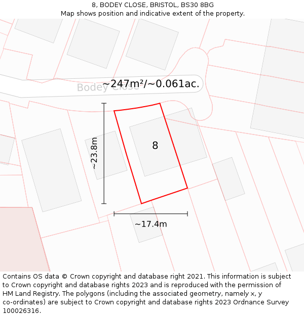 8, BODEY CLOSE, BRISTOL, BS30 8BG: Plot and title map