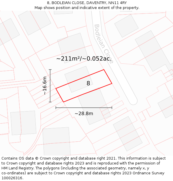 8, BODLEIAN CLOSE, DAVENTRY, NN11 4RY: Plot and title map