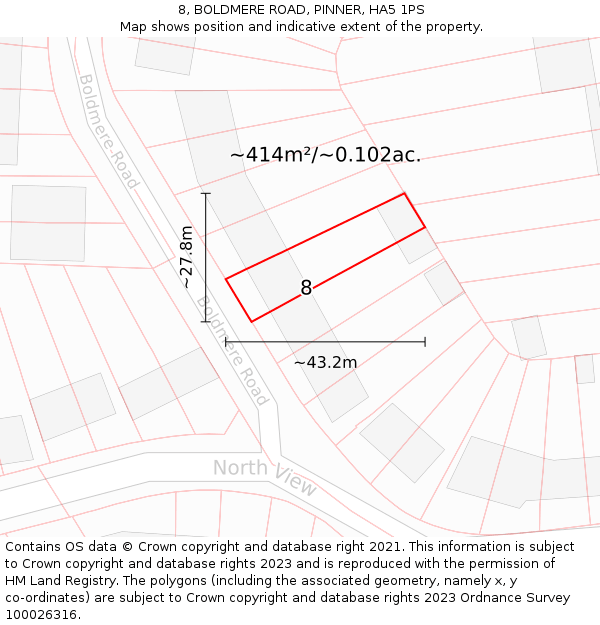 8, BOLDMERE ROAD, PINNER, HA5 1PS: Plot and title map