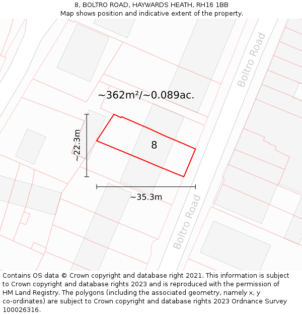 8, BOLTRO ROAD, HAYWARDS HEATH, RH16 1BB: Plot and title map