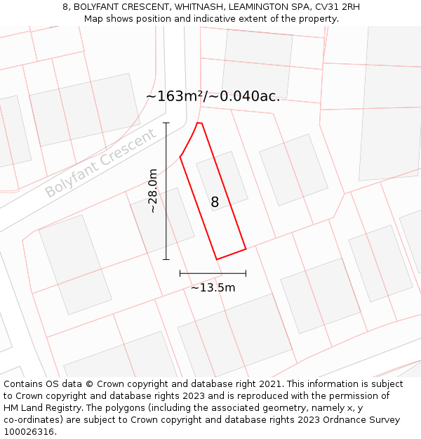 8, BOLYFANT CRESCENT, WHITNASH, LEAMINGTON SPA, CV31 2RH: Plot and title map