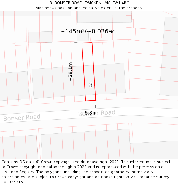 8, BONSER ROAD, TWICKENHAM, TW1 4RG: Plot and title map