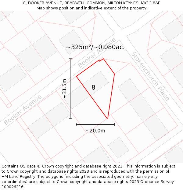 8, BOOKER AVENUE, BRADWELL COMMON, MILTON KEYNES, MK13 8AP: Plot and title map