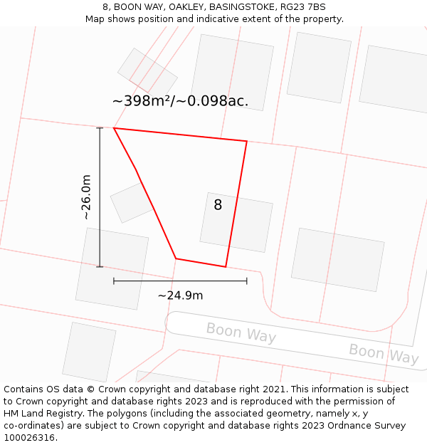 8, BOON WAY, OAKLEY, BASINGSTOKE, RG23 7BS: Plot and title map