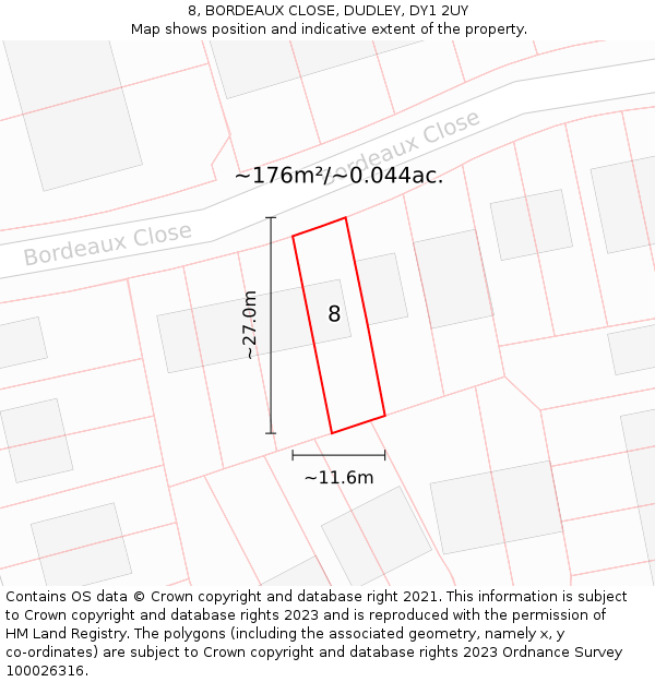 8, BORDEAUX CLOSE, DUDLEY, DY1 2UY: Plot and title map