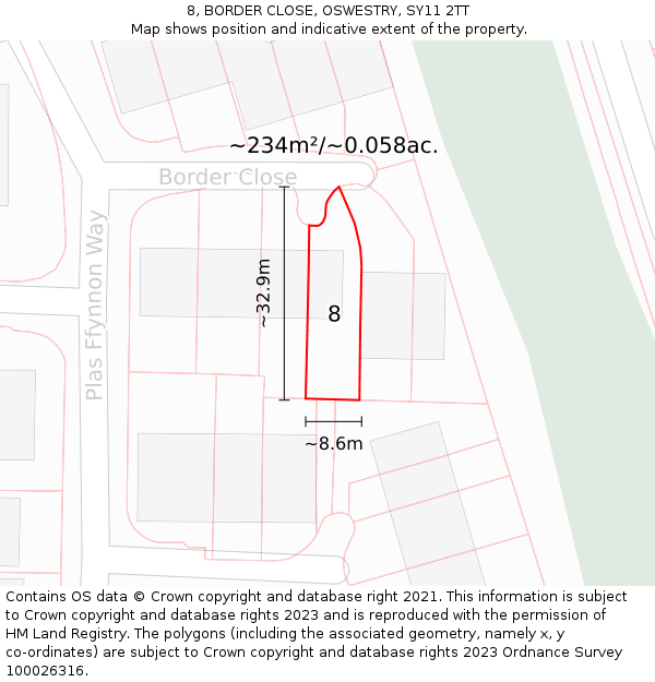 8, BORDER CLOSE, OSWESTRY, SY11 2TT: Plot and title map