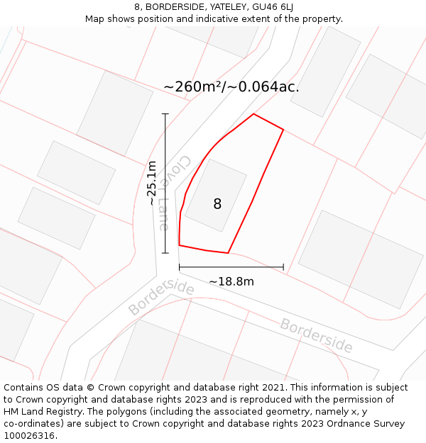 8, BORDERSIDE, YATELEY, GU46 6LJ: Plot and title map