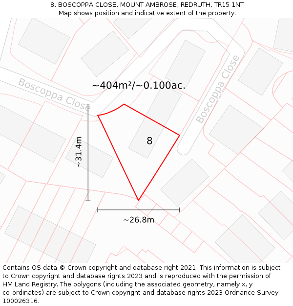 8, BOSCOPPA CLOSE, MOUNT AMBROSE, REDRUTH, TR15 1NT: Plot and title map