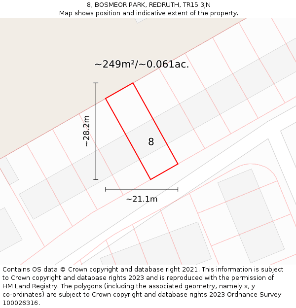 8, BOSMEOR PARK, REDRUTH, TR15 3JN: Plot and title map