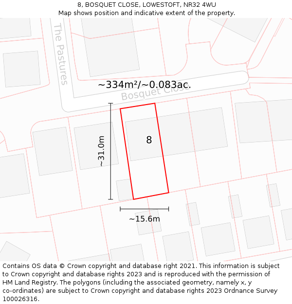 8, BOSQUET CLOSE, LOWESTOFT, NR32 4WU: Plot and title map