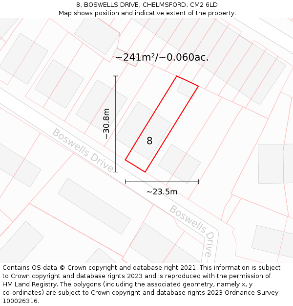 8, BOSWELLS DRIVE, CHELMSFORD, CM2 6LD: Plot and title map