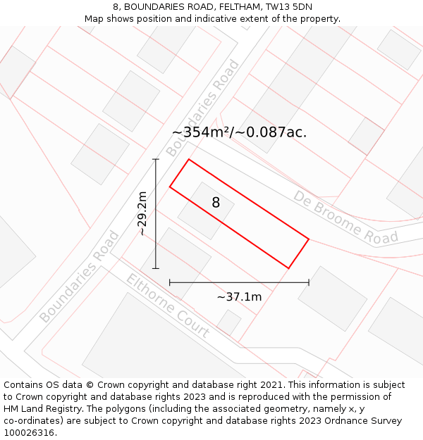 8, BOUNDARIES ROAD, FELTHAM, TW13 5DN: Plot and title map