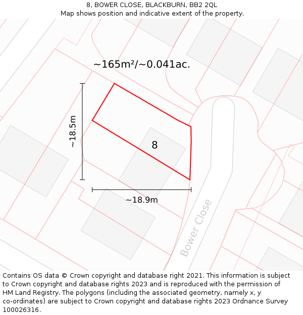 8, BOWER CLOSE, BLACKBURN, BB2 2QL: Plot and title map