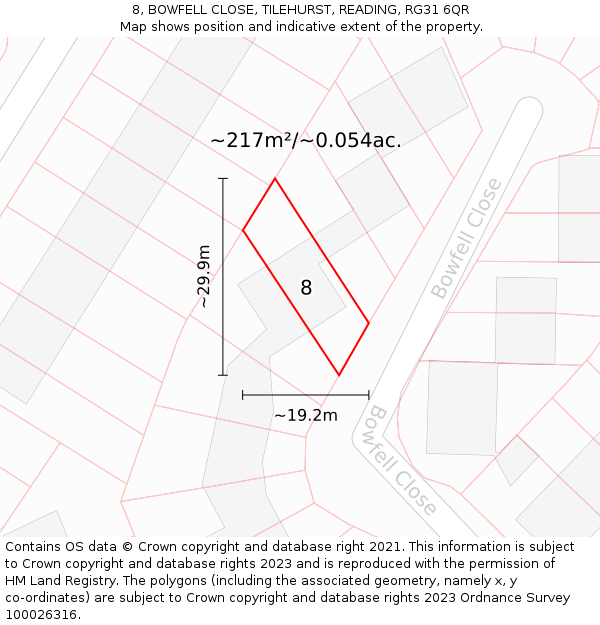 8, BOWFELL CLOSE, TILEHURST, READING, RG31 6QR: Plot and title map