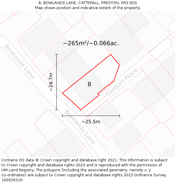 8, BOWLANDS LANE, CATTERALL, PRESTON, PR3 0DS: Plot and title map