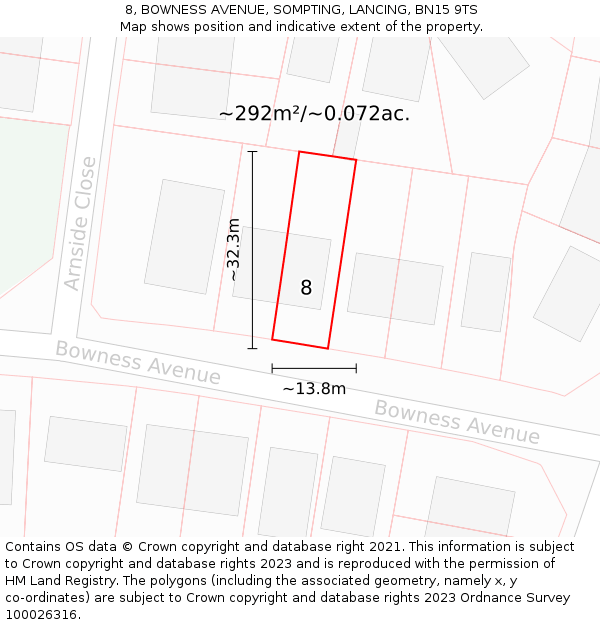 8, BOWNESS AVENUE, SOMPTING, LANCING, BN15 9TS: Plot and title map