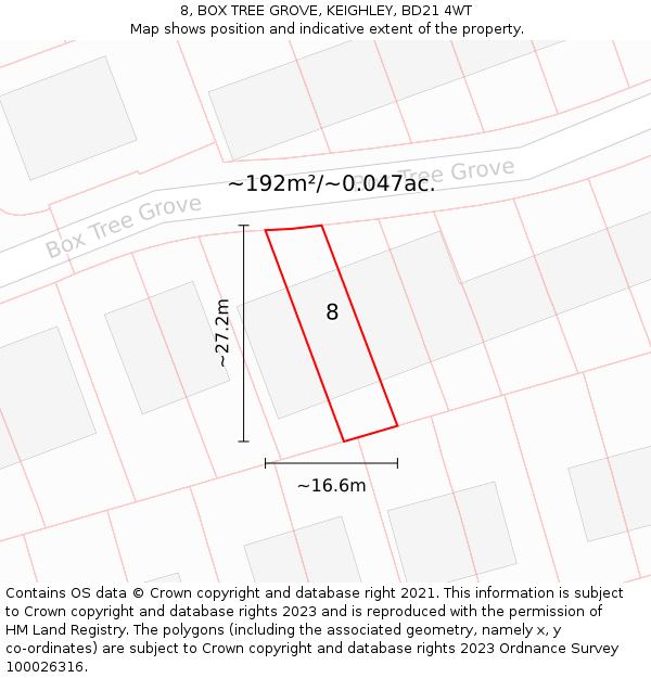 8, BOX TREE GROVE, KEIGHLEY, BD21 4WT: Plot and title map