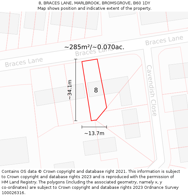 8, BRACES LANE, MARLBROOK, BROMSGROVE, B60 1DY: Plot and title map