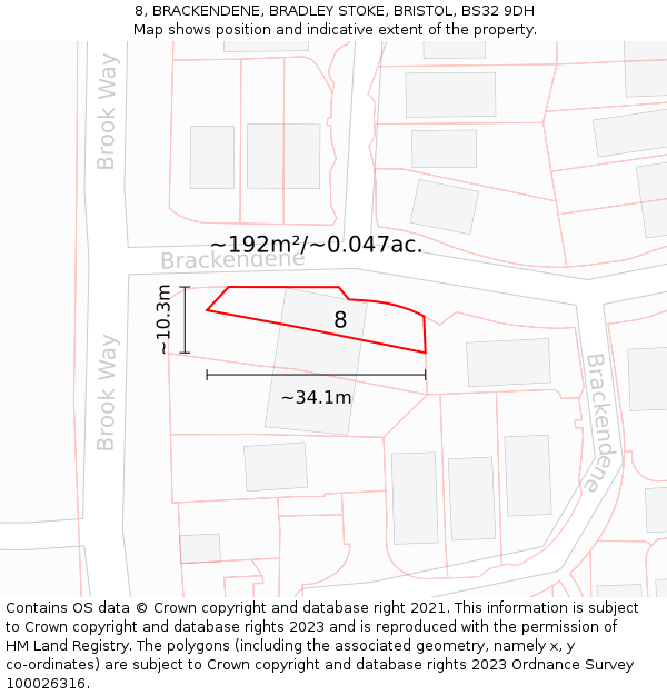 8, BRACKENDENE, BRADLEY STOKE, BRISTOL, BS32 9DH: Plot and title map