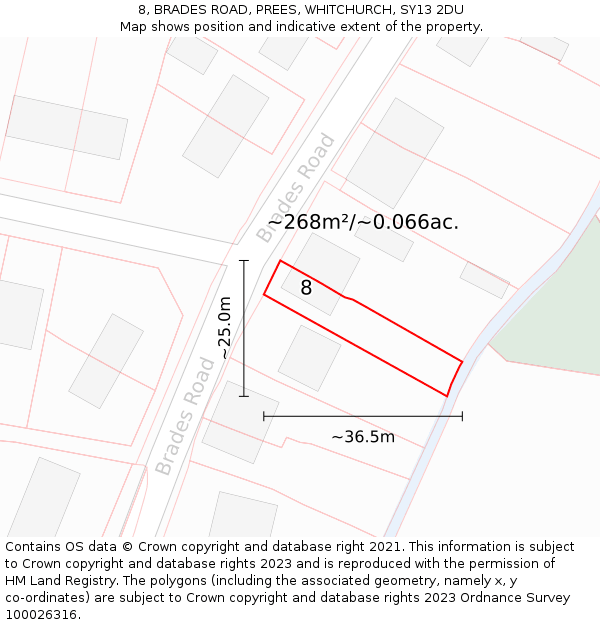8, BRADES ROAD, PREES, WHITCHURCH, SY13 2DU: Plot and title map