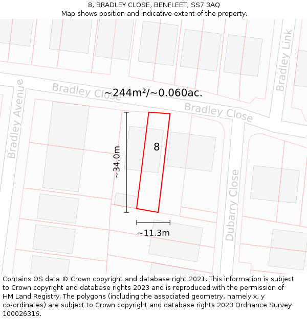 8, BRADLEY CLOSE, BENFLEET, SS7 3AQ: Plot and title map
