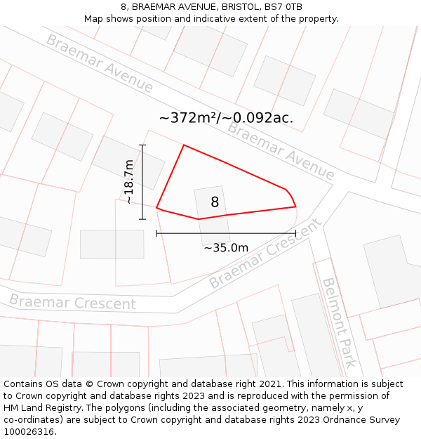 8, BRAEMAR AVENUE, BRISTOL, BS7 0TB: Plot and title map