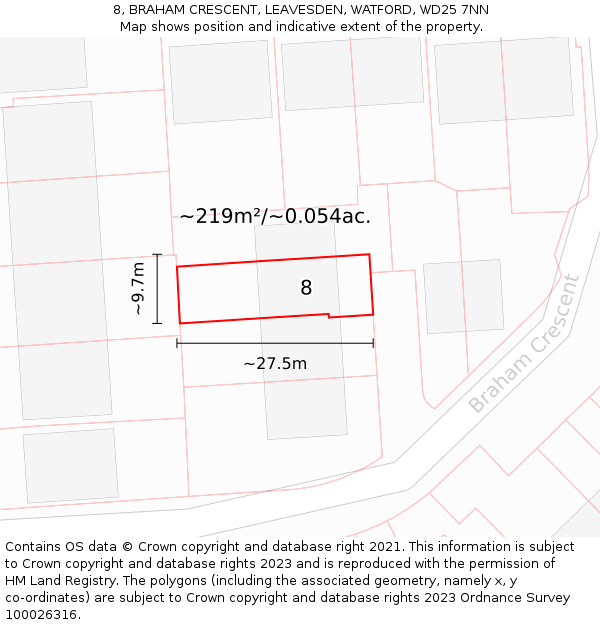 8, BRAHAM CRESCENT, LEAVESDEN, WATFORD, WD25 7NN: Plot and title map