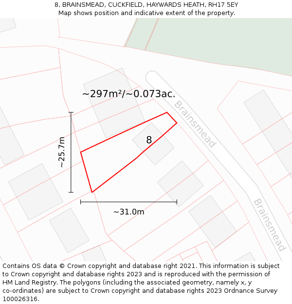 8, BRAINSMEAD, CUCKFIELD, HAYWARDS HEATH, RH17 5EY: Plot and title map