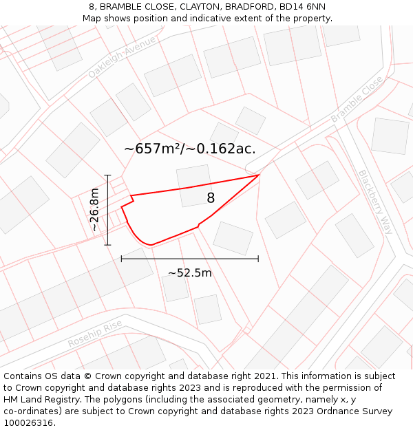 8, BRAMBLE CLOSE, CLAYTON, BRADFORD, BD14 6NN: Plot and title map
