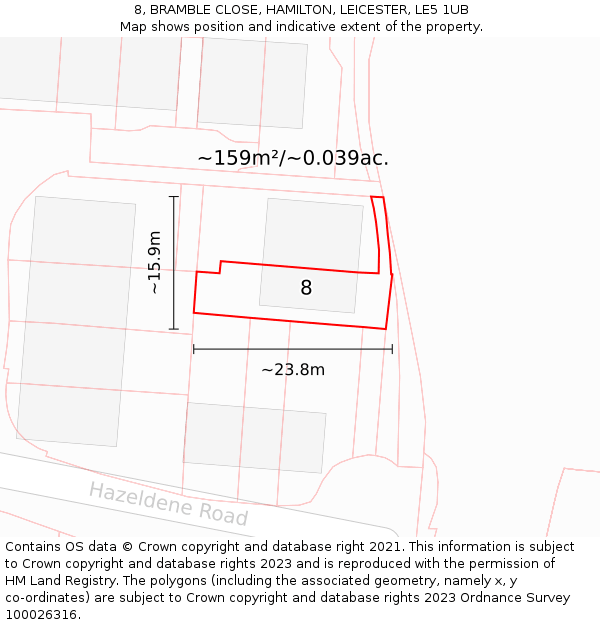 8, BRAMBLE CLOSE, HAMILTON, LEICESTER, LE5 1UB: Plot and title map