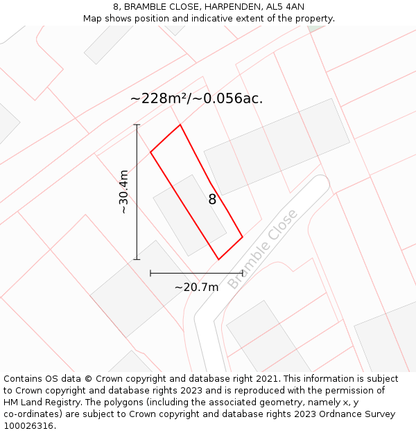 8, BRAMBLE CLOSE, HARPENDEN, AL5 4AN: Plot and title map