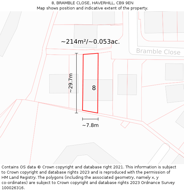 8, BRAMBLE CLOSE, HAVERHILL, CB9 9EN: Plot and title map