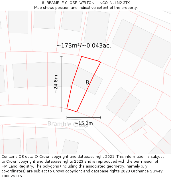 8, BRAMBLE CLOSE, WELTON, LINCOLN, LN2 3TX: Plot and title map