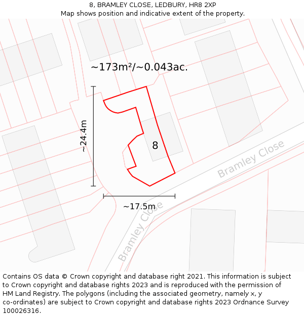 8, BRAMLEY CLOSE, LEDBURY, HR8 2XP: Plot and title map