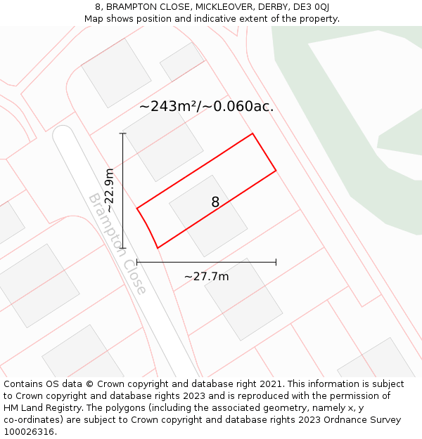 8, BRAMPTON CLOSE, MICKLEOVER, DERBY, DE3 0QJ: Plot and title map