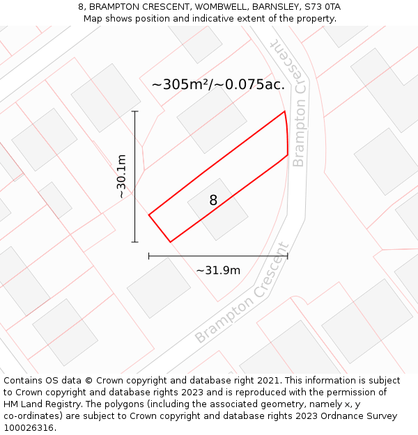 8, BRAMPTON CRESCENT, WOMBWELL, BARNSLEY, S73 0TA: Plot and title map