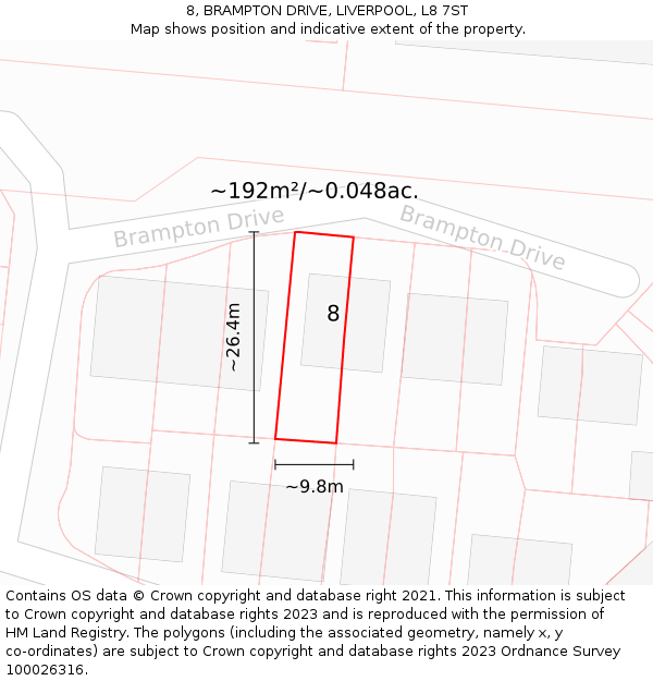 8, BRAMPTON DRIVE, LIVERPOOL, L8 7ST: Plot and title map