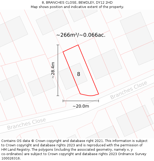 8, BRANCHES CLOSE, BEWDLEY, DY12 2HD: Plot and title map