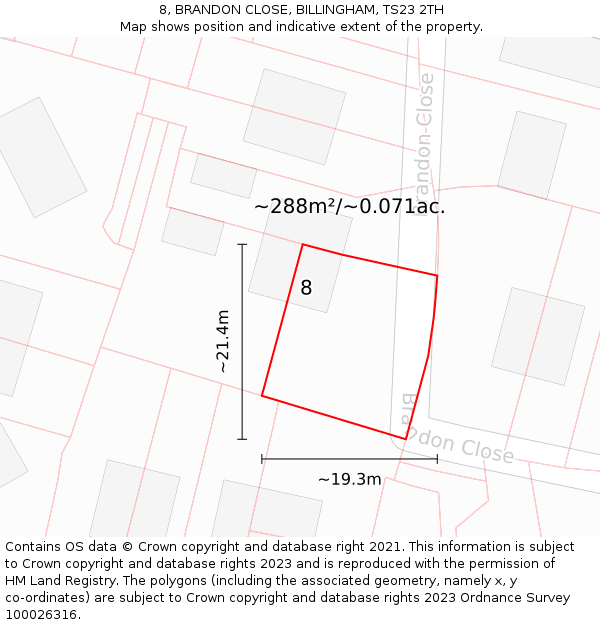 8, BRANDON CLOSE, BILLINGHAM, TS23 2TH: Plot and title map