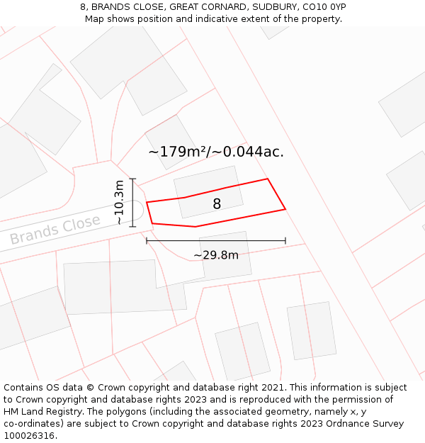 8, BRANDS CLOSE, GREAT CORNARD, SUDBURY, CO10 0YP: Plot and title map