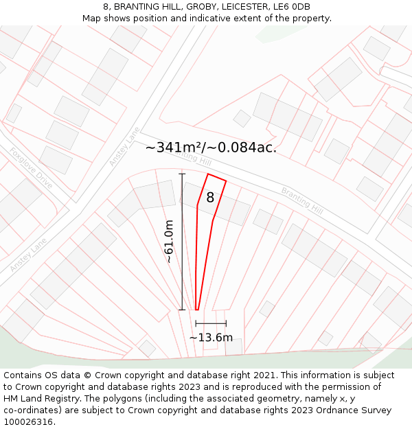 8, BRANTING HILL, GROBY, LEICESTER, LE6 0DB: Plot and title map