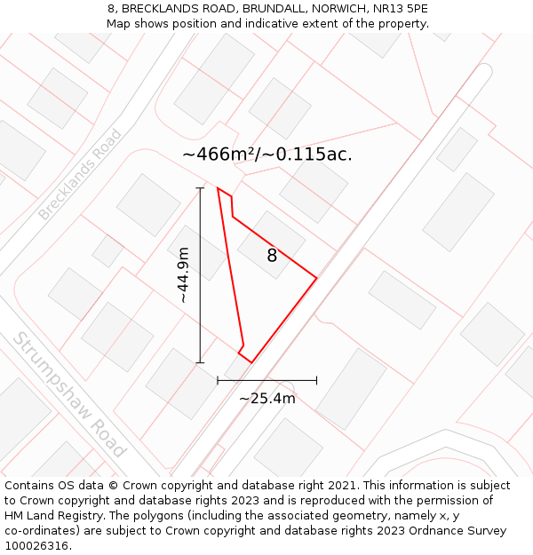 8, BRECKLANDS ROAD, BRUNDALL, NORWICH, NR13 5PE: Plot and title map