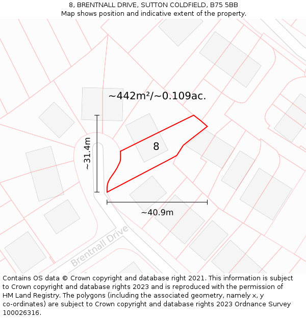 8, BRENTNALL DRIVE, SUTTON COLDFIELD, B75 5BB: Plot and title map