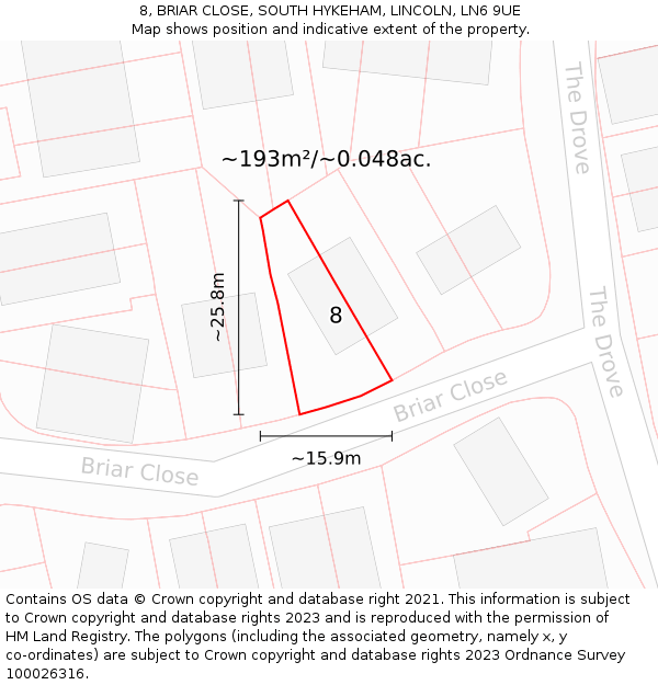 8, BRIAR CLOSE, SOUTH HYKEHAM, LINCOLN, LN6 9UE: Plot and title map