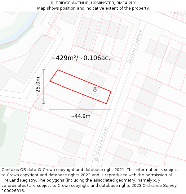 8, BRIDGE AVENUE, UPMINSTER, RM14 2LX: Plot and title map