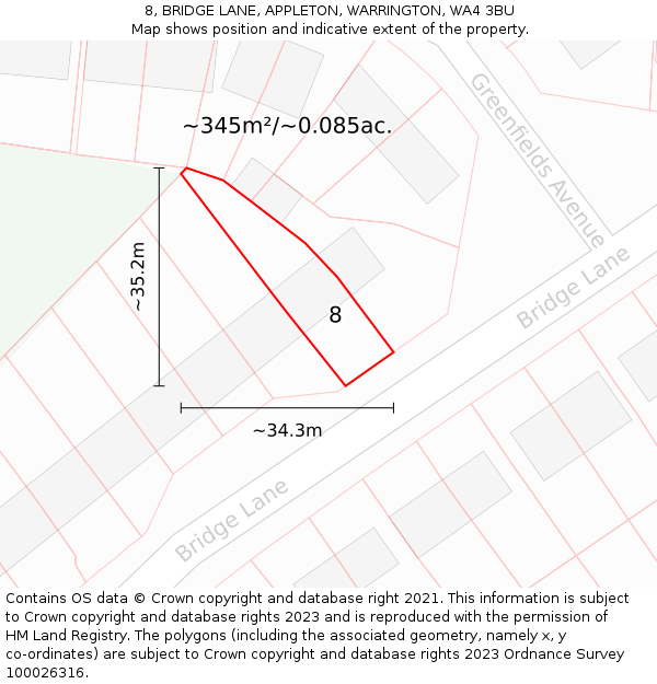 8, BRIDGE LANE, APPLETON, WARRINGTON, WA4 3BU: Plot and title map